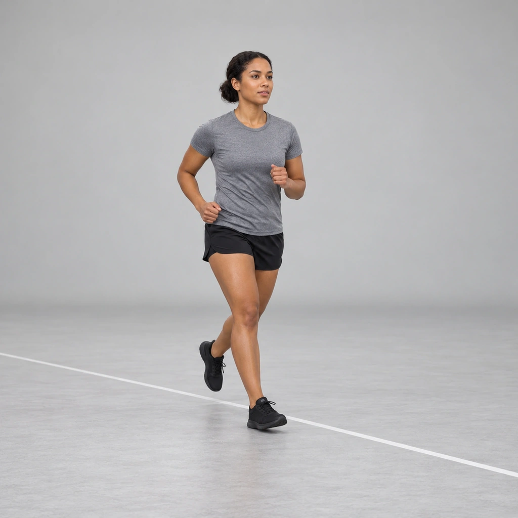 A woman mid-jog along a floor line, upright and relaxed, arms swinging gently.