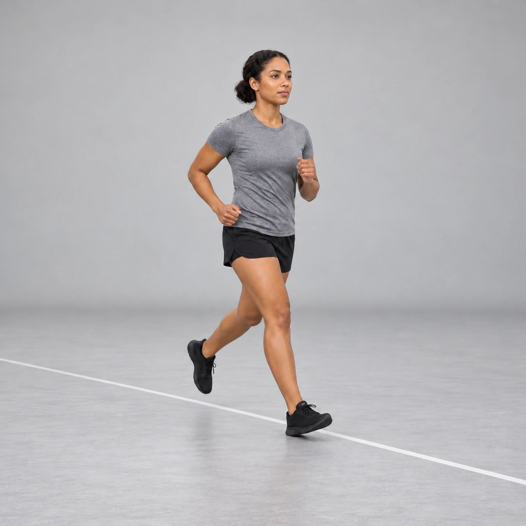 A woman risen back to the jog between stretches, upright and light on her feet along the line.