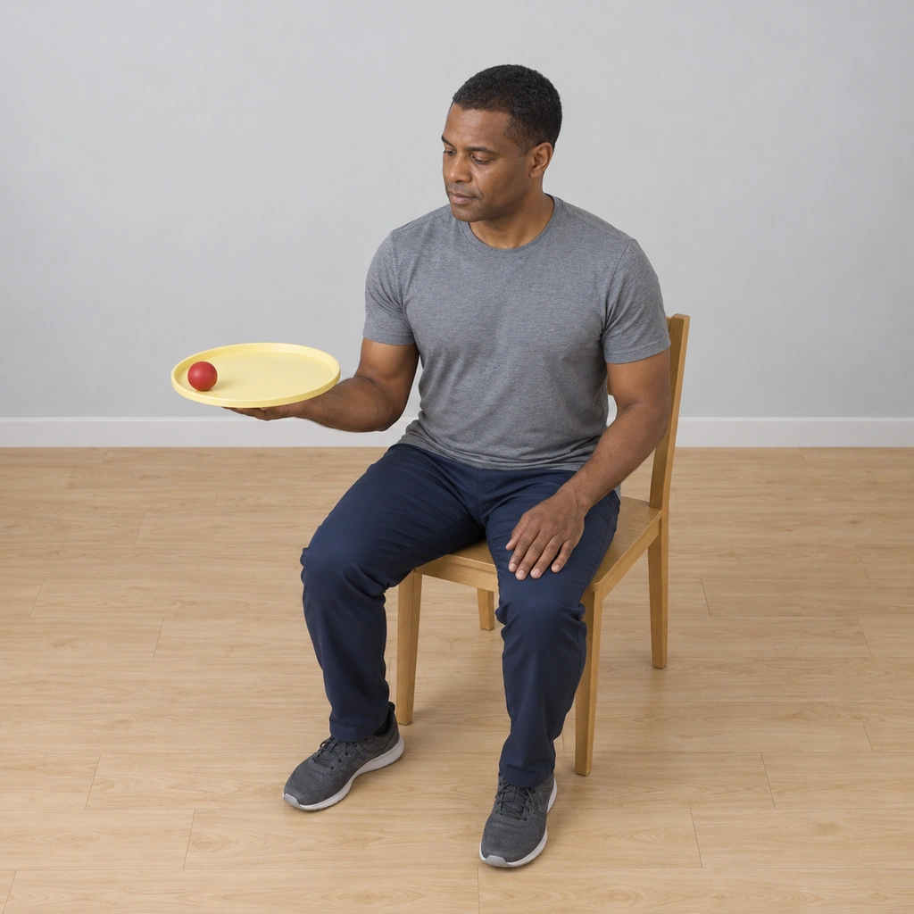 A seated man carrying a light round tray flat on his open right palm, a small ball near the thumb-side edge of the tray and the tray tipped slightly toward that edge.