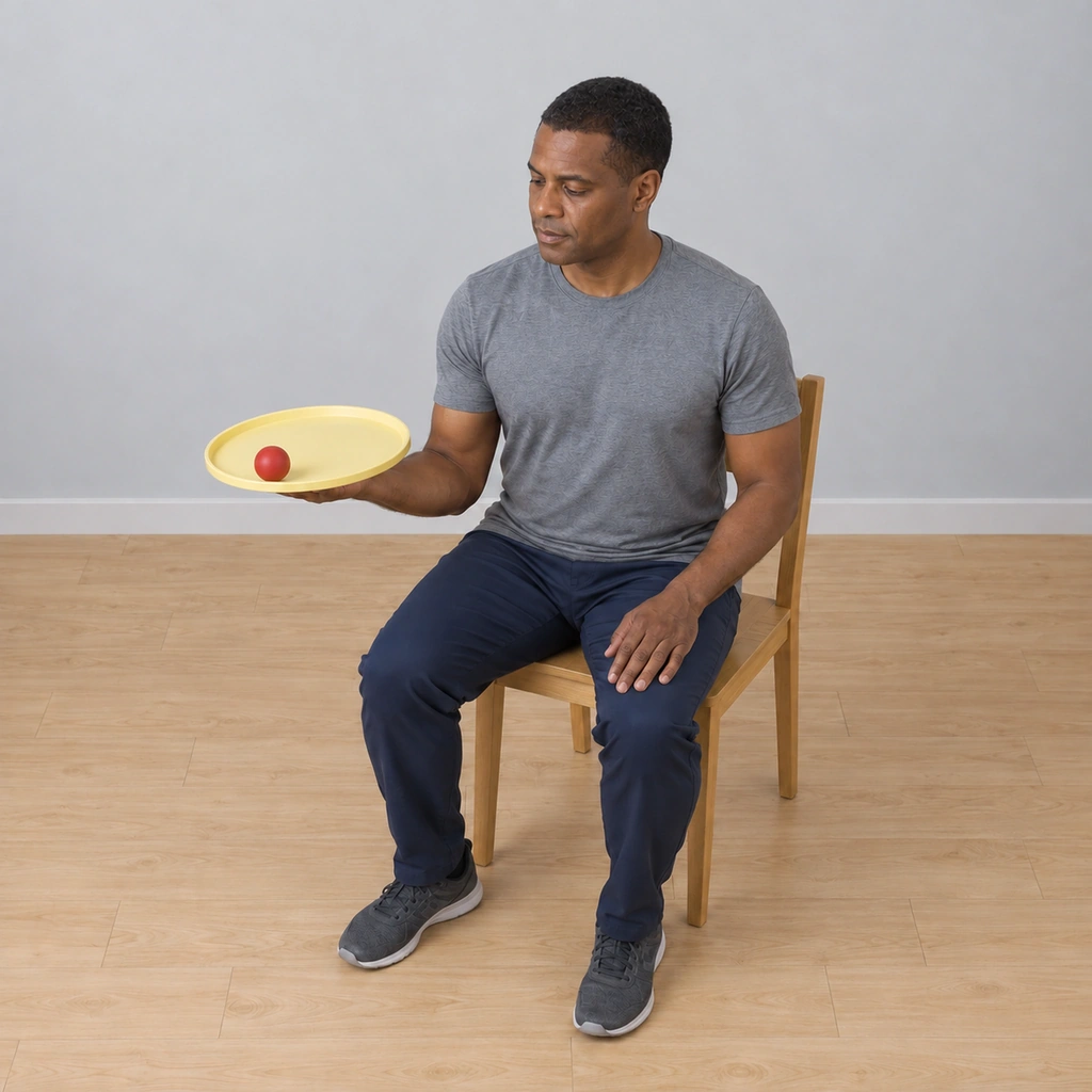 The same seated man with the tray tipped slightly toward the edge nearest his fingertips and the small ball toward that edge, clear of the rim.