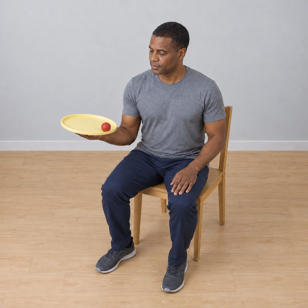The same seated man with the tray tipped slightly toward its little-finger edge and the small ball toward that edge, clear of the rim.