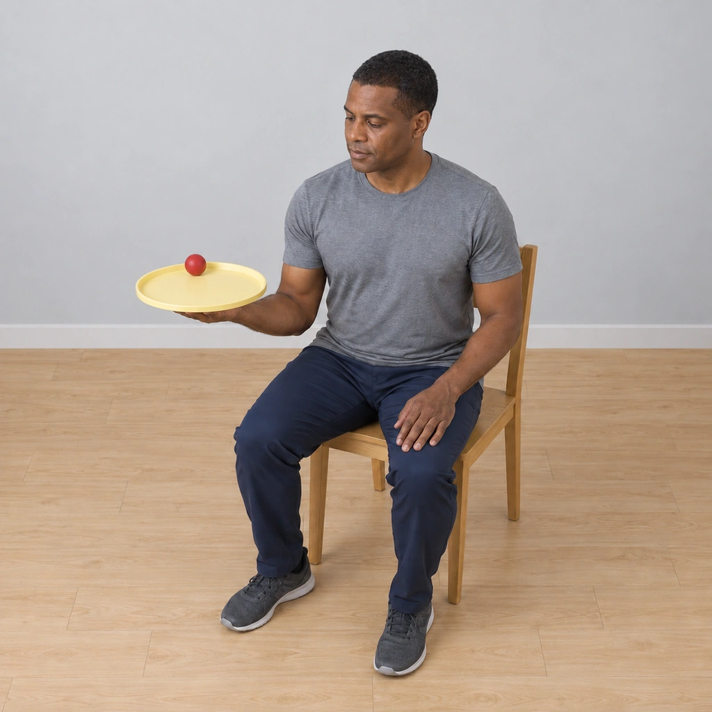 The same seated man with the tray tipped slightly toward the edge nearest his wrist and the small ball toward that edge, clear of the rim.