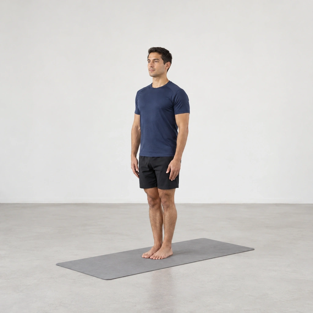 He stands in mountain pose on the mat, feet grounded and arms settled.