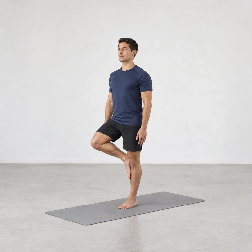 He bends his right knee, shifting all weight into his standing left leg, the knee turned out with the heel resting against the standing leg.