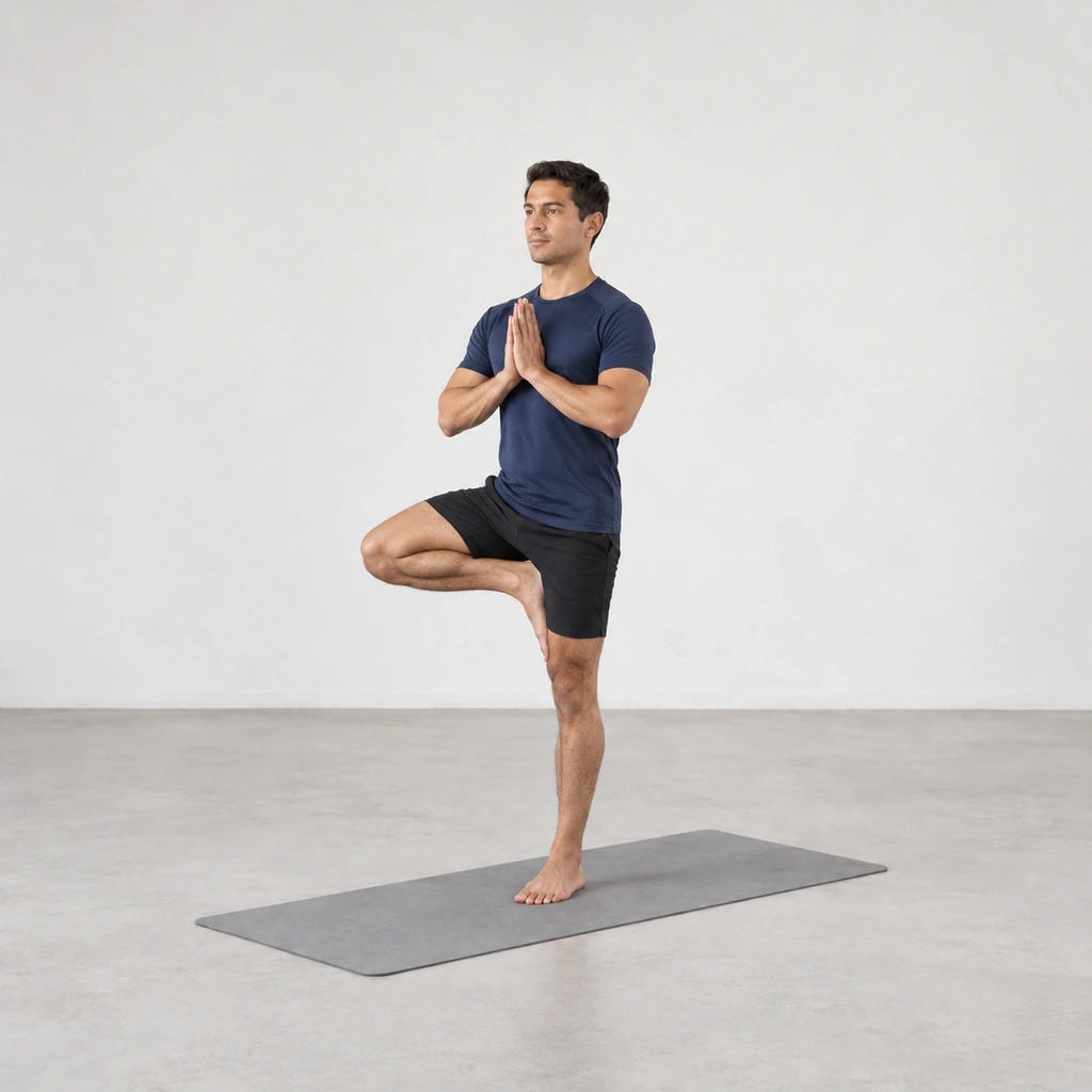 His right foot is slid up the inner left leg with the knee open to the side, his palms together at the heart.