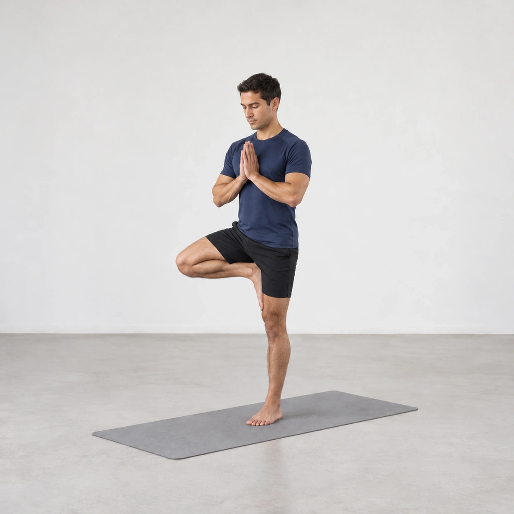 He holds the tree pose, gaze fixed on a floor point ahead.