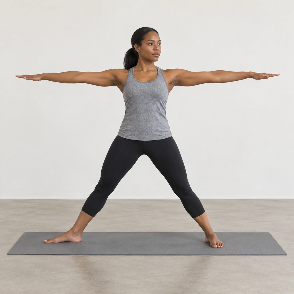 A woman standing in a wide stance on a mat with her right foot turned out, her left foot turned slightly in, and both arms extended straight out to the sides at shoulder height.