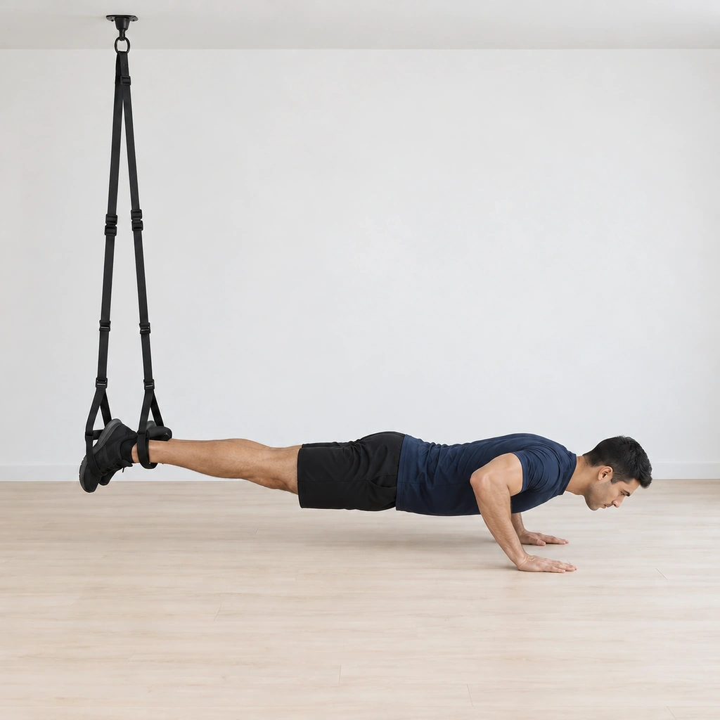 He is at the bottom of the push-up, chest lowered toward the floor, feet still suspended in the strap loops behind him.