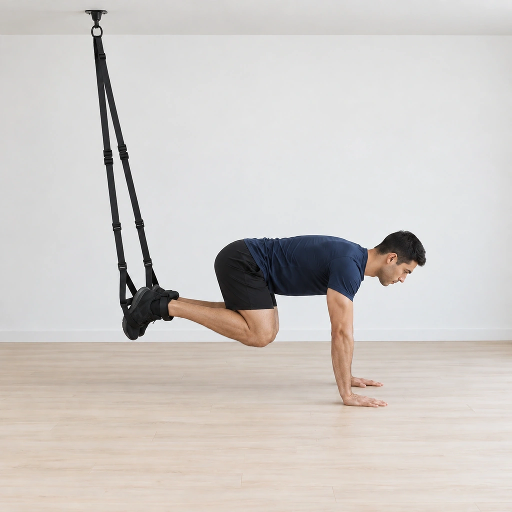 His arms are re-extended after the push-up and both knees are pulled in under his chest, feet still held in the straps, hips drawn in.