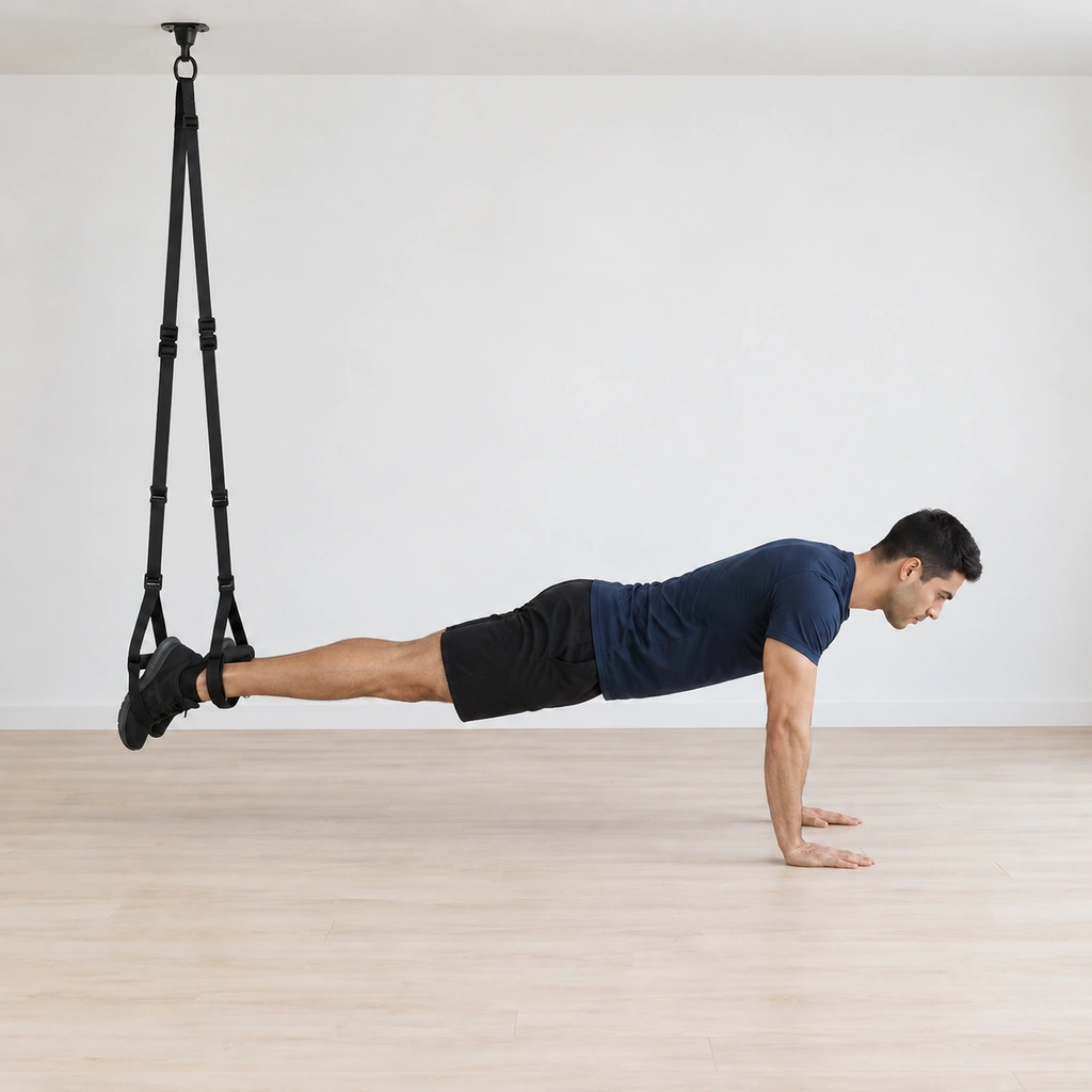His legs are extending back out straight behind him, feet still in the straps, returning to the long suspended plank line.