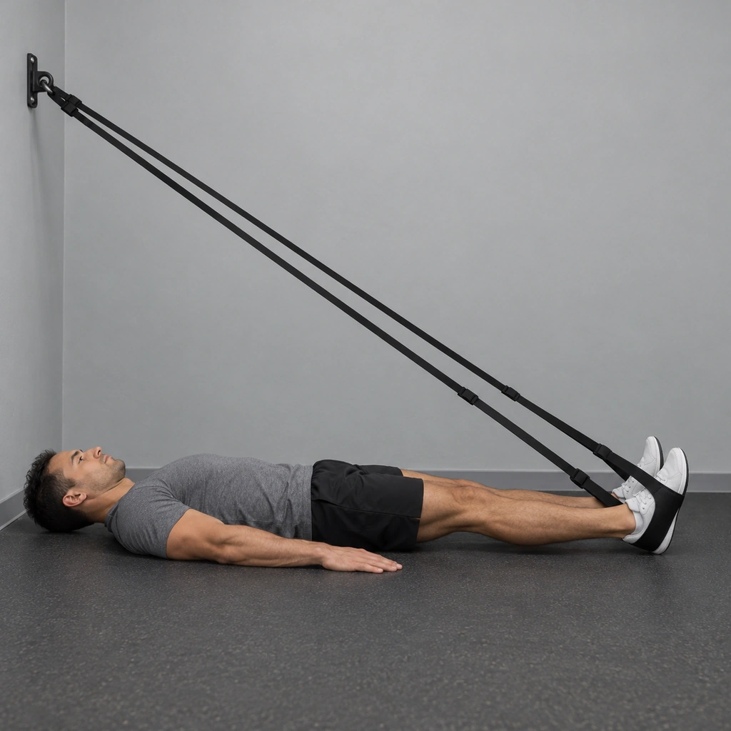 A man lying on his back, legs straight, both heels resting in strap foot cradles, arms flat on the floor at his sides.