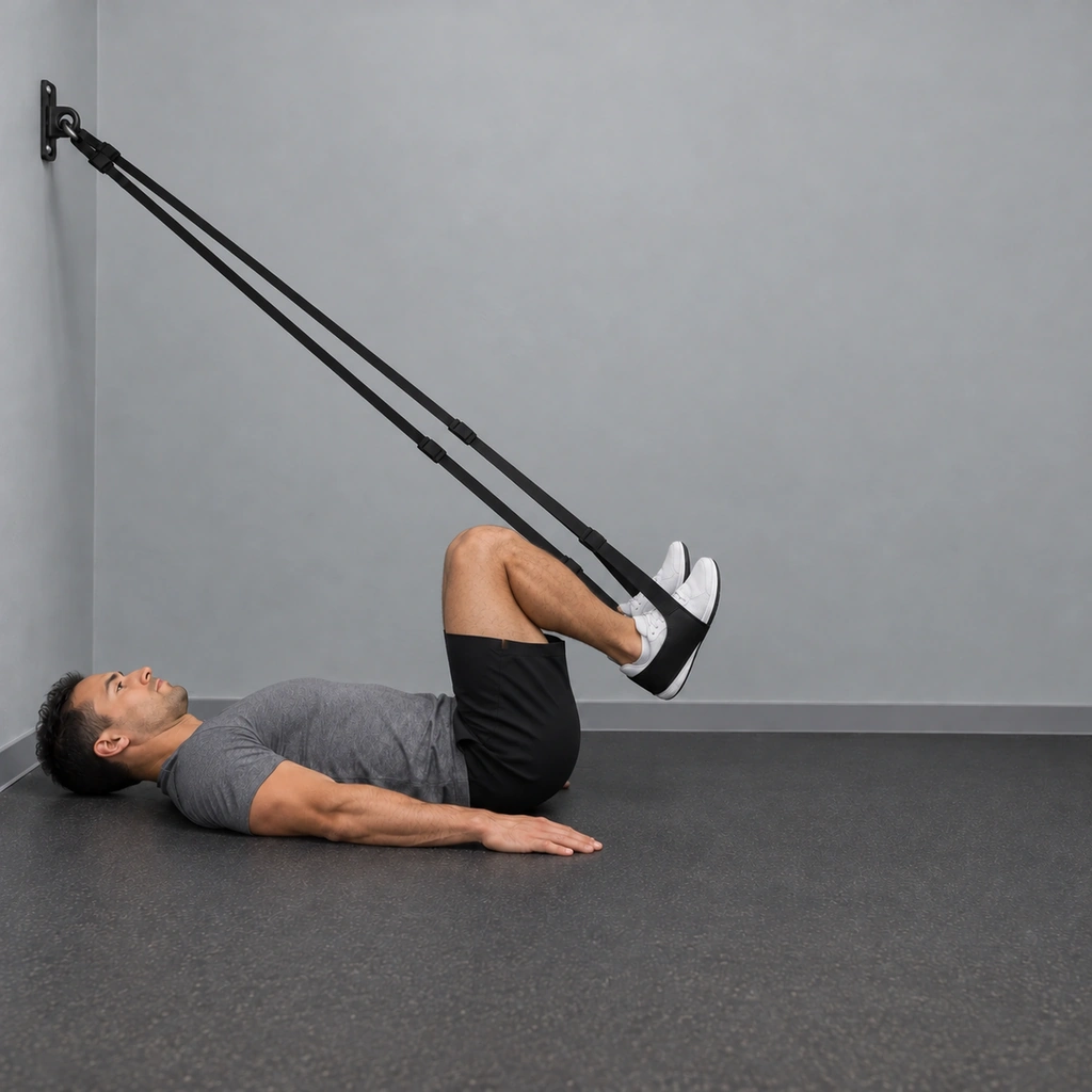 The same man, now with his knees bent and his heels drawn in toward his glutes, still lying with his hips flat on the floor.