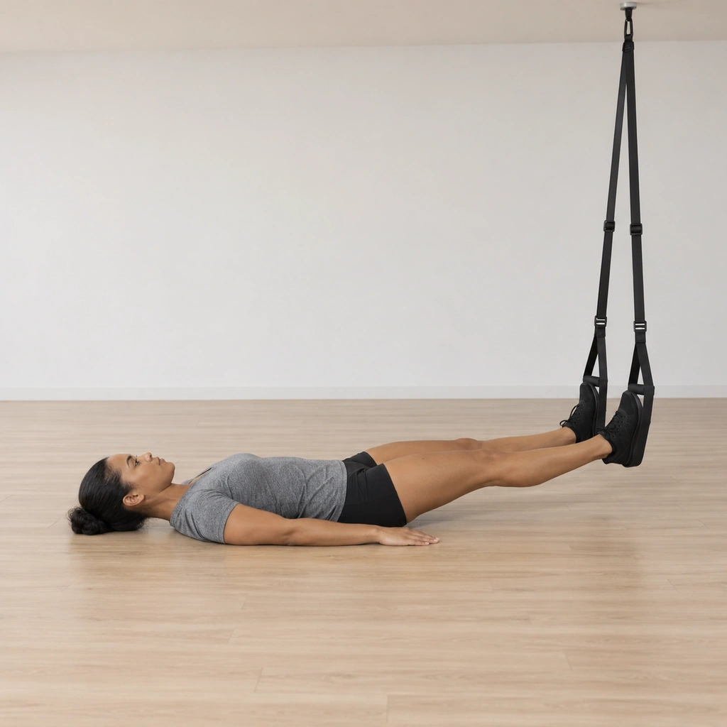 She lies supine on the floor with both heels resting inside the two suspension foot cradles, legs extended and her arms flat by her sides.