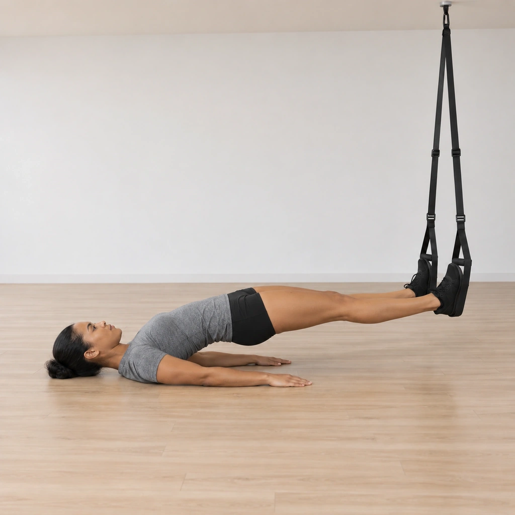 She lifts her hips off the floor into a straight bridge line from shoulders to knees, both heels still in the cradles and her legs extended.