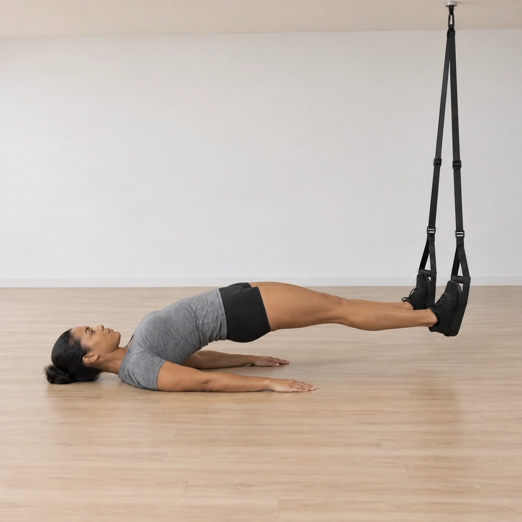 She re-extends her legs back out inside the cradles, her hips still held high in the bridge before any lowering.