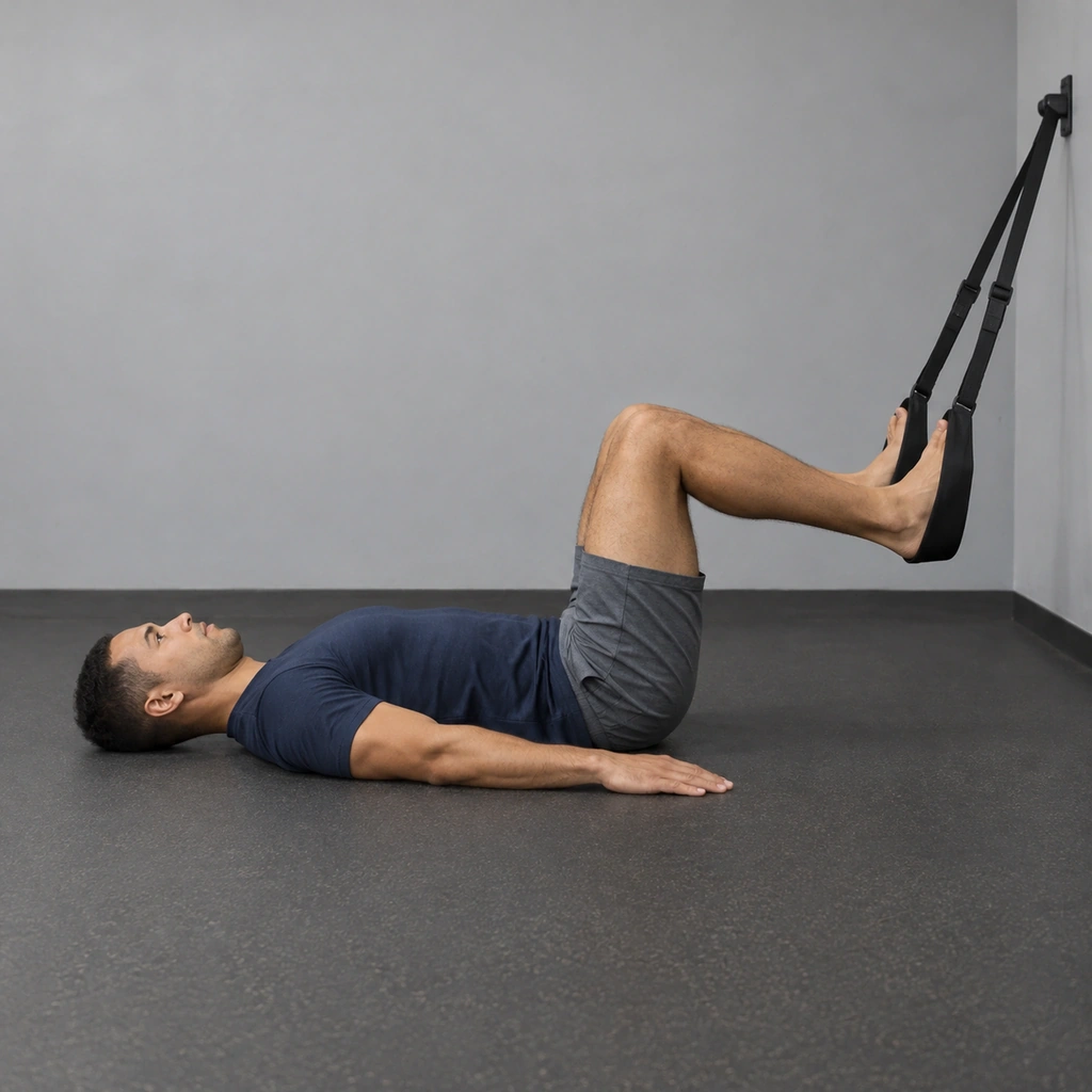 A man lying on his back, knees bent at 90 degrees, both heels resting in strap foot cradles, hips down on the floor.
