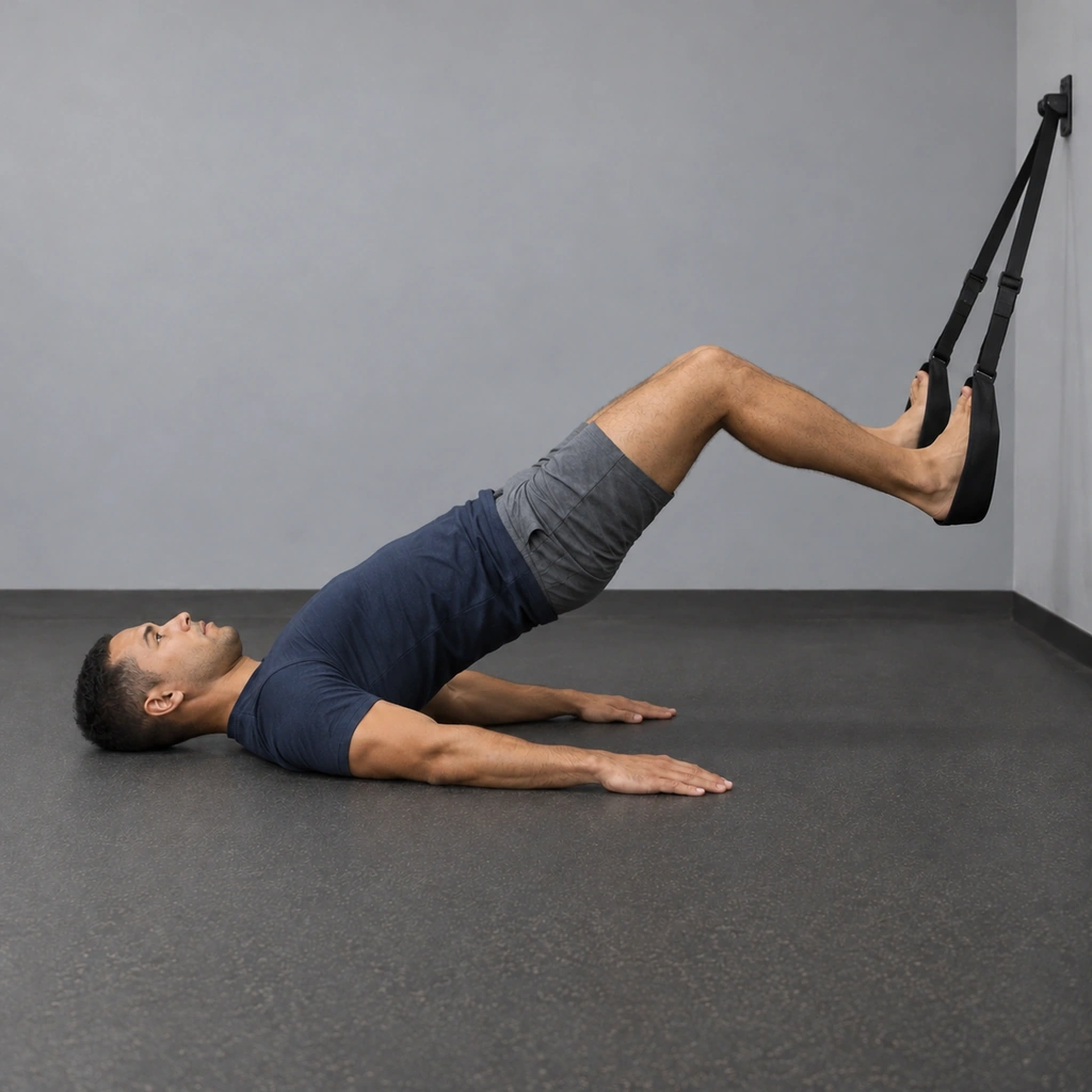 The same man, now with his hips driven up into the air, his knees, hips and shoulders forming one straight line, his heels still in the strap foot cradles.