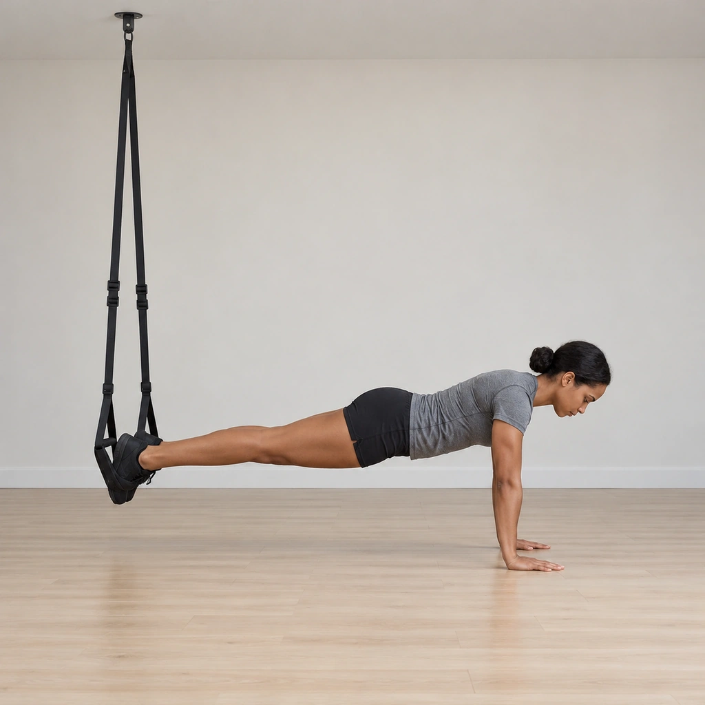 She holds the plank: body straight in a push-up line, hands flat on the floor under her shoulders, both feet suspended behind her in the strap foot cradles.