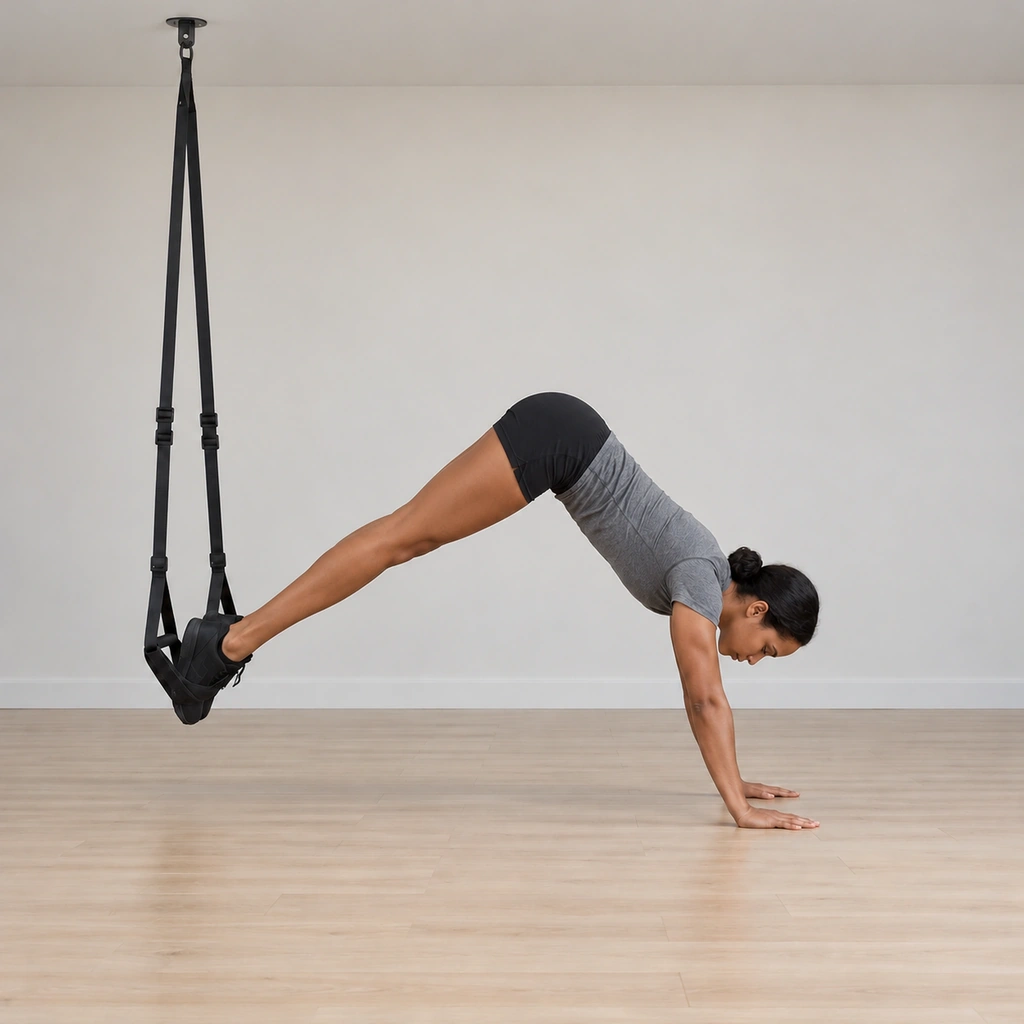 She is mid-lift: hips rising above the plank line, legs staying straight as they carry the cradles forward with the motion, arms extended, head neutral between her arms.