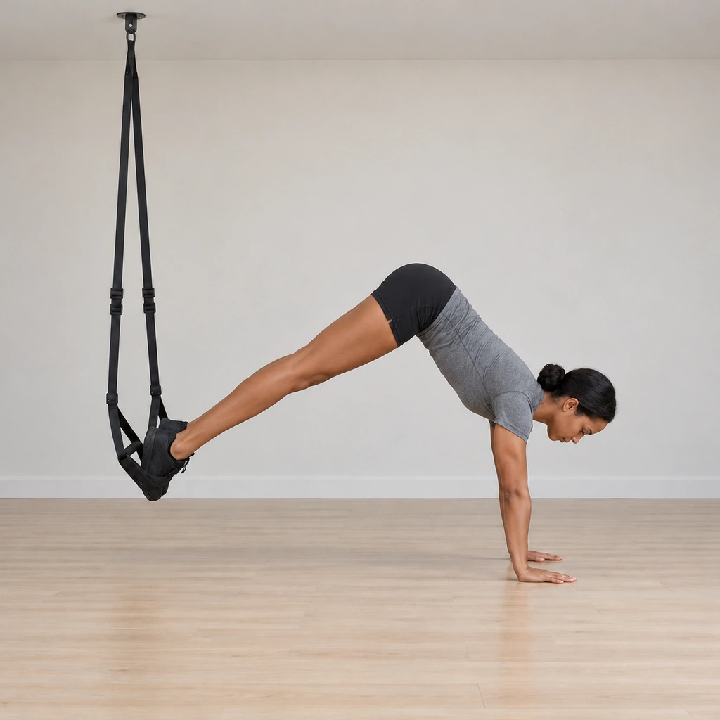She reaches the peak: hips driven to their highest point, body folded into a clear inverted V, straight legs carried forward in the straps, arms straight under the shoulders.