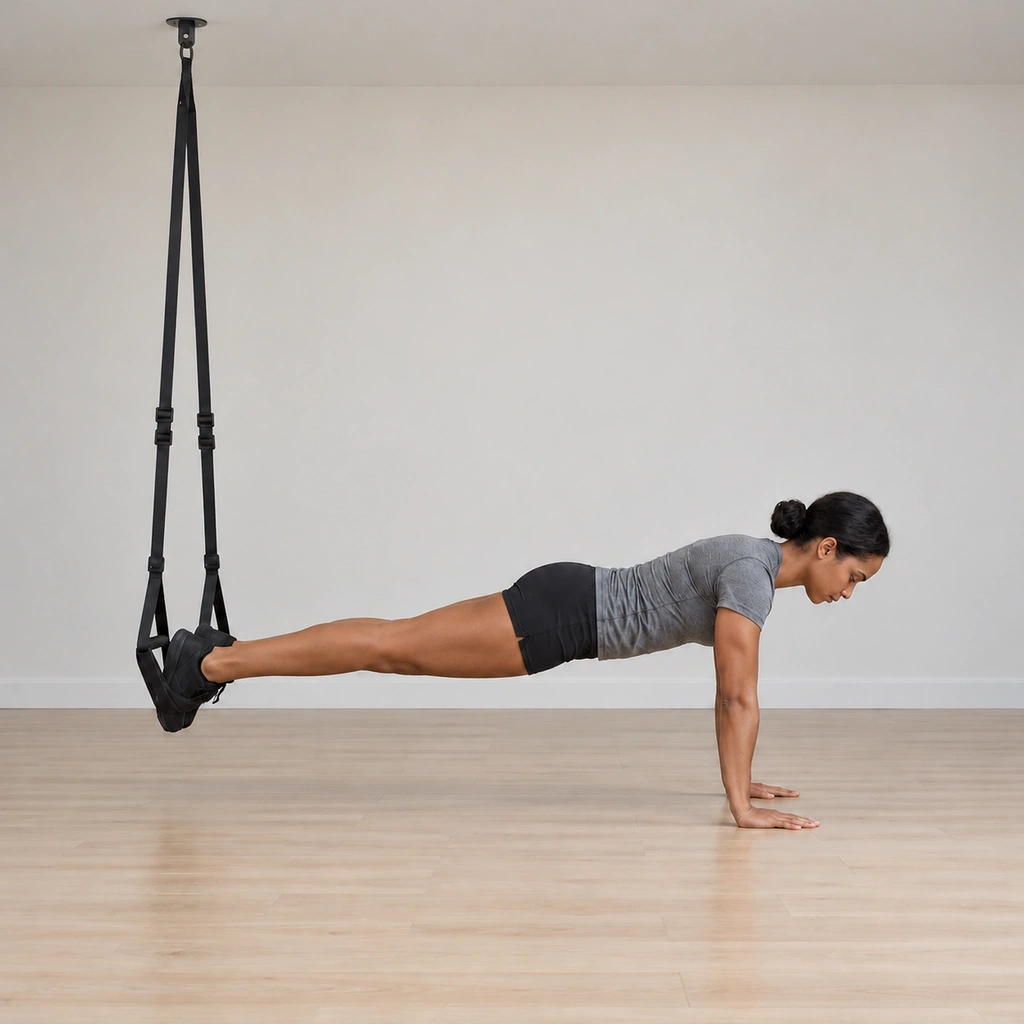 She returns under control: hips lowering smoothly back toward the plank line, legs still straight, the cradles carrying the feet back, arms extended - the mid-return.