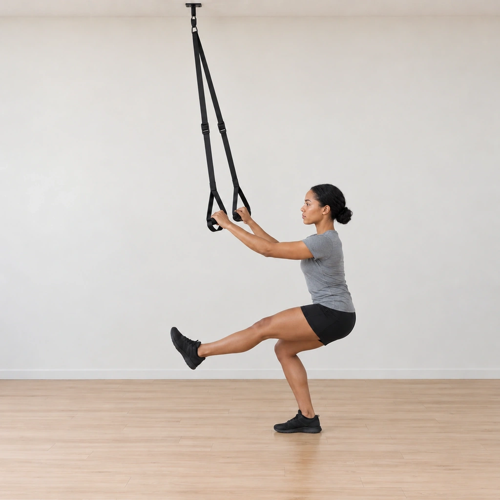 She is mid-descent: the right knee flexing deeply as she lowers in control, the left leg extended forward parallel to the floor, the straps held taut for balance, chest lifted.