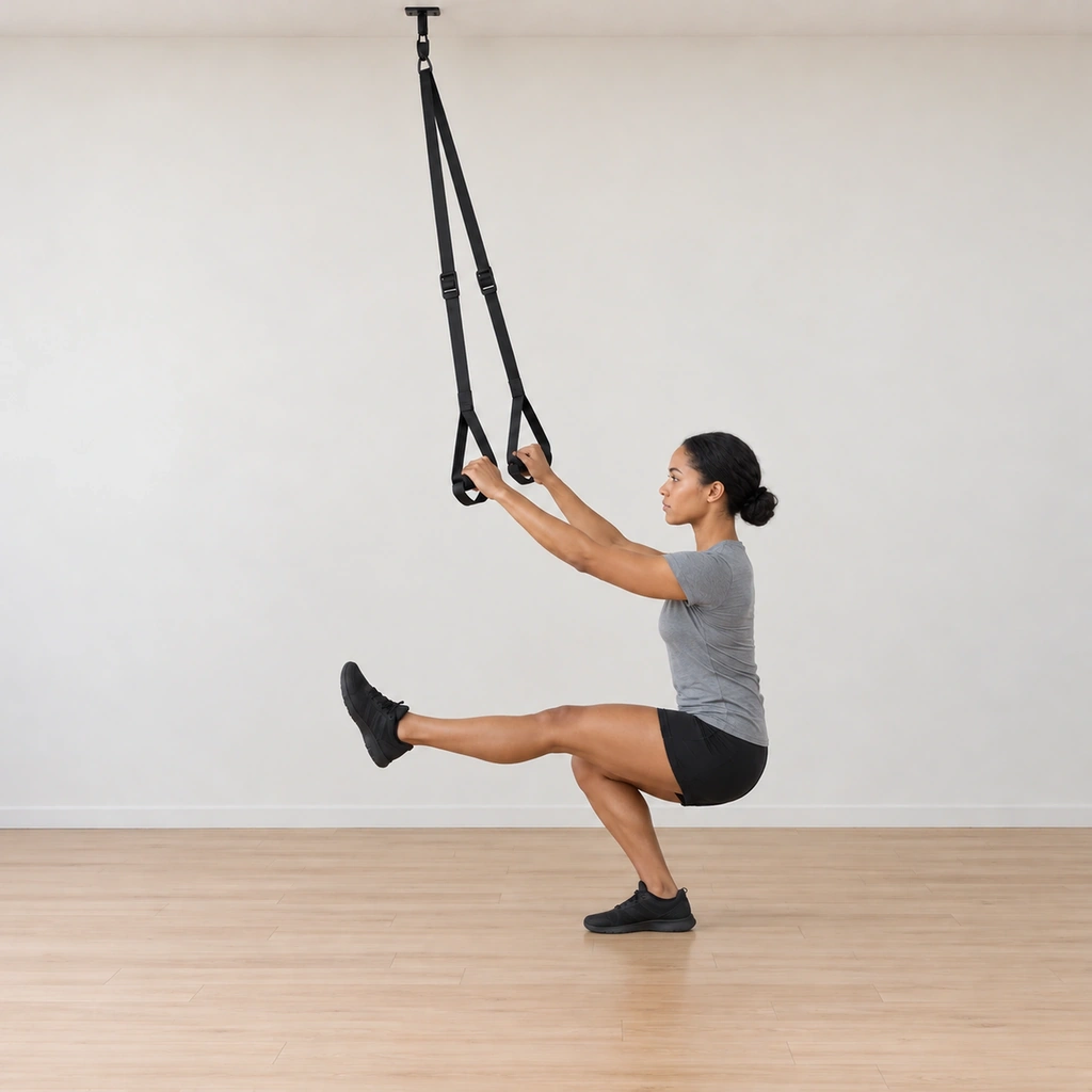 She sits at the bottom: the right leg folded deep with the hip near the heel, the left leg extended straight forward just above the floor, arms forward holding the taut straps.