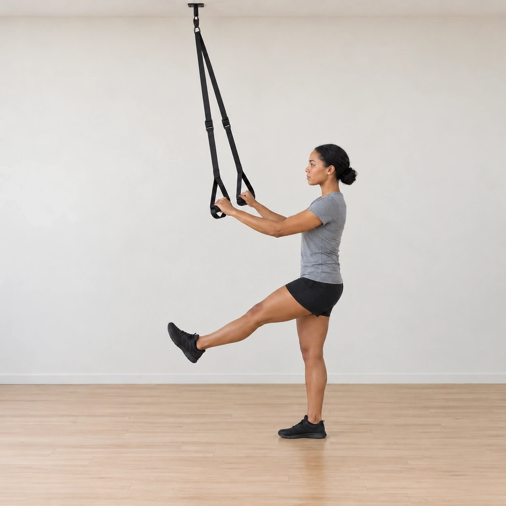She is mid-rise: the right leg driving through the midfoot and heel to extend, the left leg still extended forward, the straps giving light support as she comes up - balance assisted, not pulled.