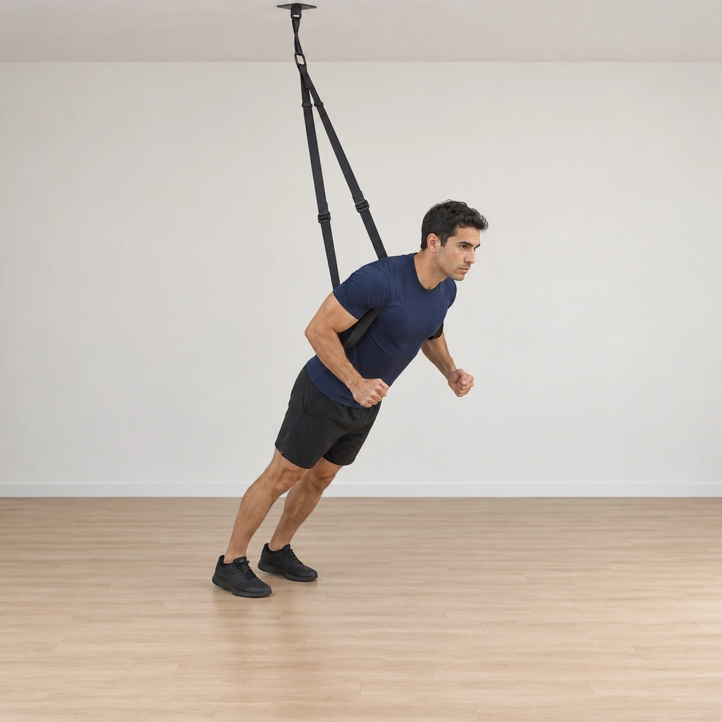 He stands tall leaning forward into the suspension straps clamped under his armpits, body in a long forward line like a starting block held at the lean.