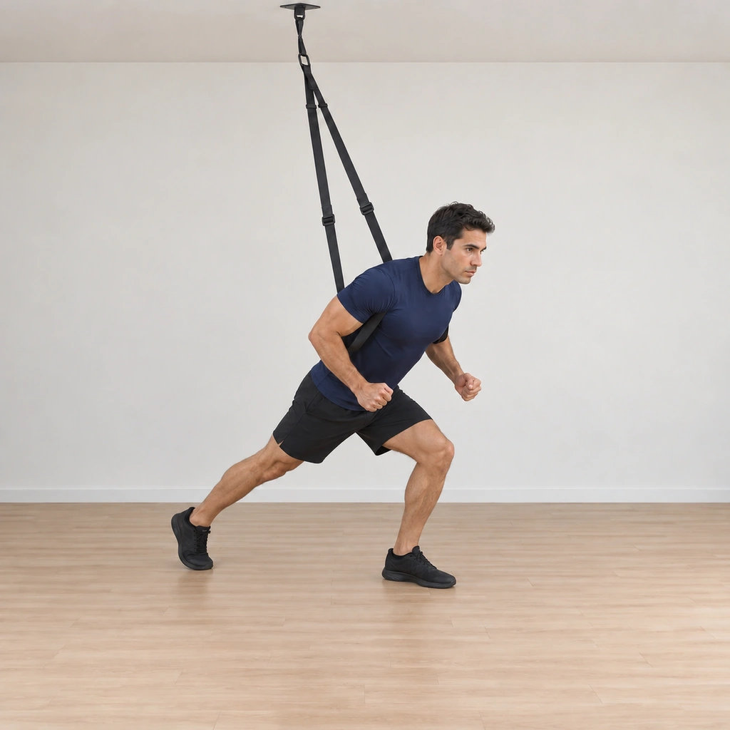 He has stepped back into a sprinter stance against the straps: his left leg braced forward and his right leg extended behind on the ball of the foot, the forward lean held by the straps.
