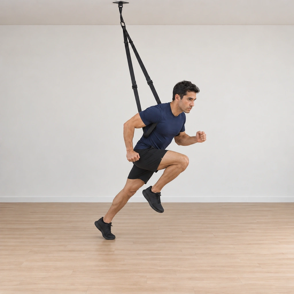 His right knee is driven explosively forward and up toward his chest, the left leg still braced, the armpit straps still holding the forward lean.
