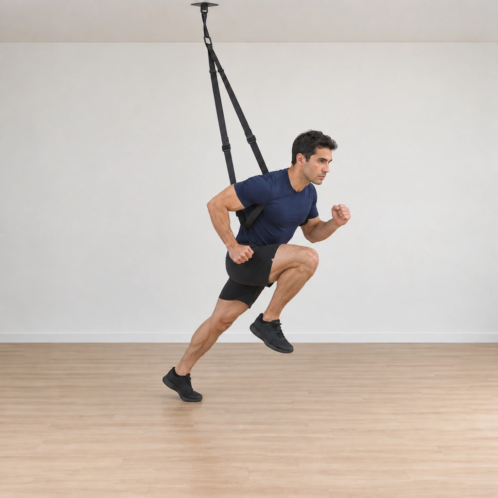 He holds the right knee punched high at the top of the drive, balanced on the braced left leg, the straps still clamped and carrying the lean.