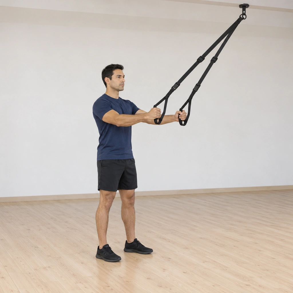 He stands tall facing the straps' anchor, holding one handle in each hand with his arms slightly bent, the straps taut.