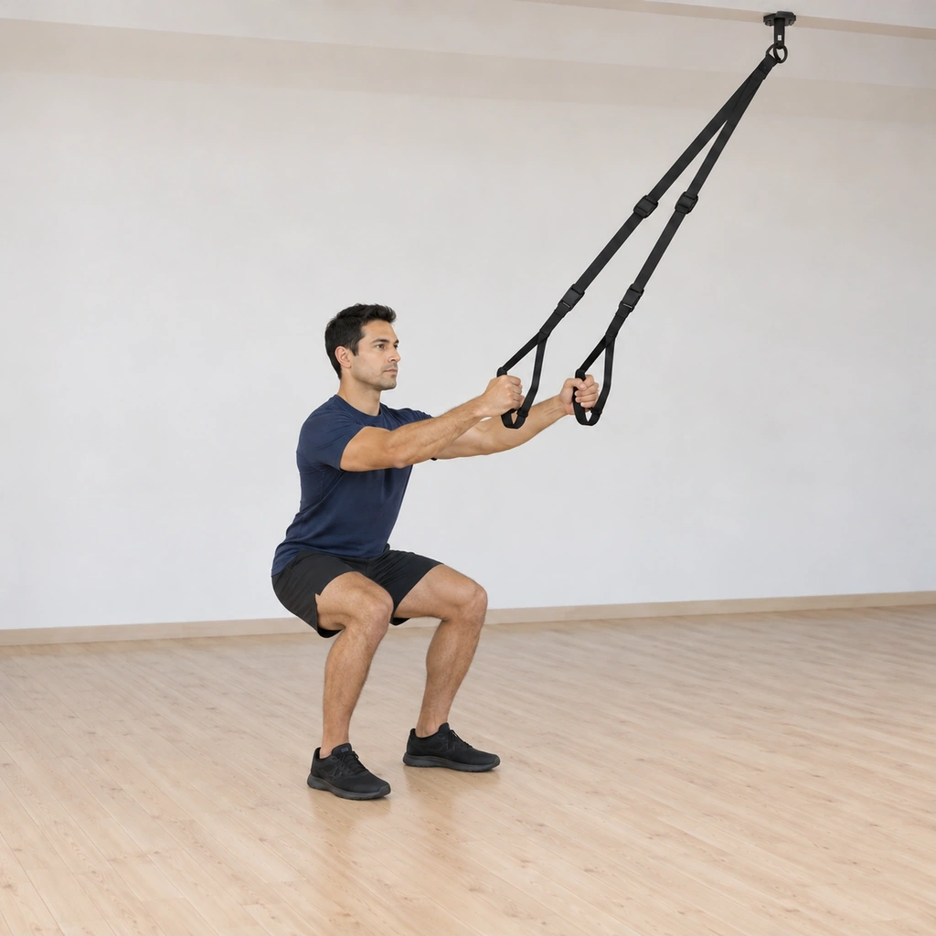 He sits his hips back and down into the squat, arms still slightly bent and the straps taut for balance only, chest lifted.