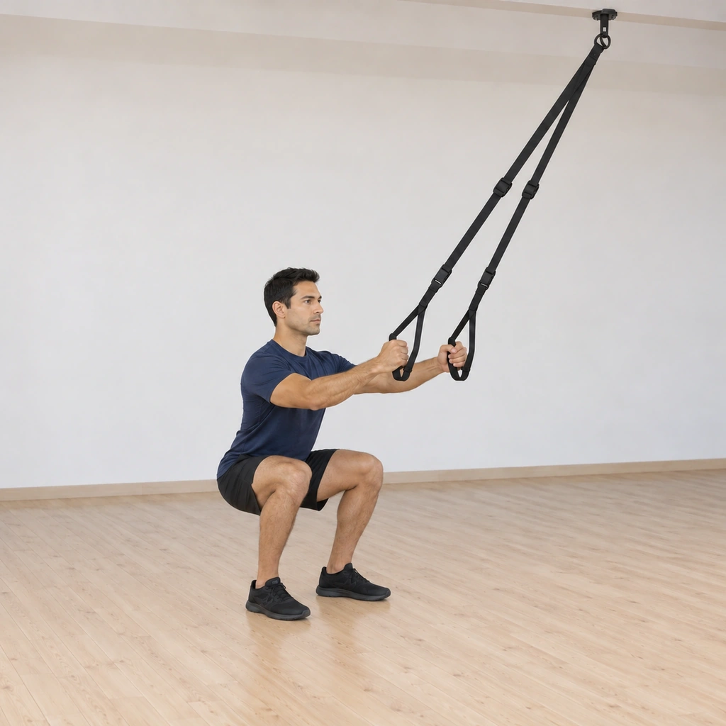 He sits at the bottom of the squat with his hips low, chest lifted, knees tracking in line with his toes and the straps still taut at his sides.