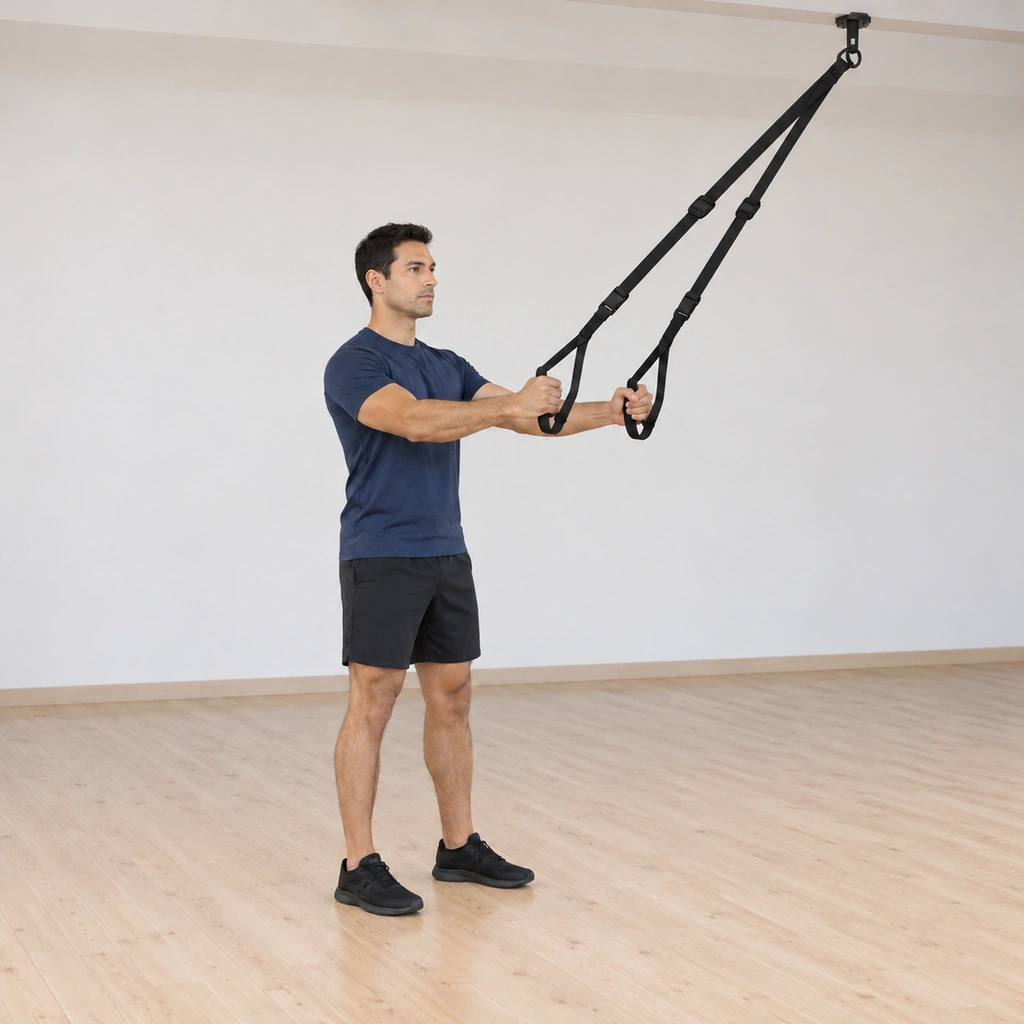 He drives up through his midfoot and heels, legs extending, returning to a tall stand with the straps still held for balance only.