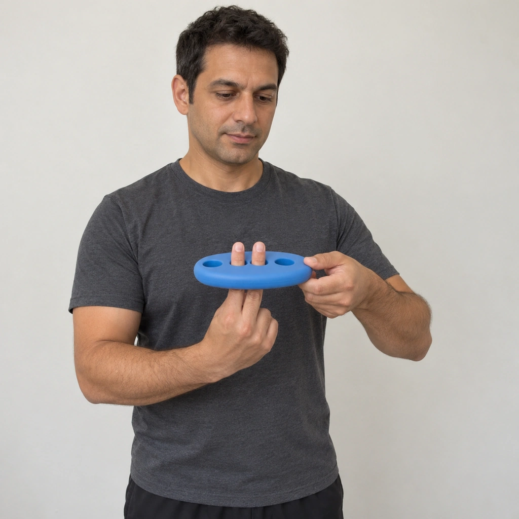 A man holding a blue pad level by its edge in his left hand, with the right index and middle fingers standing side by side through two of its holes.