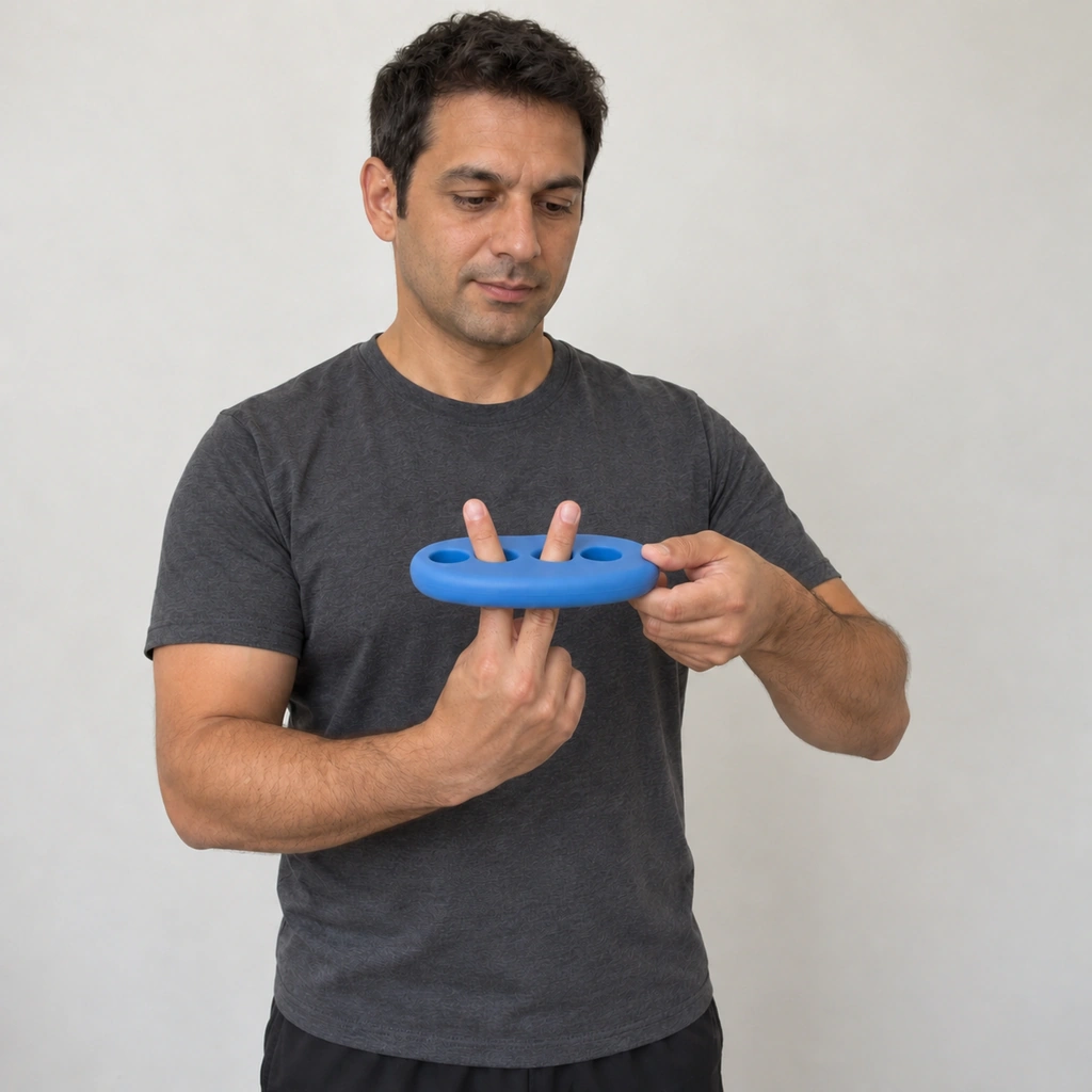 The same man with the two fingers through the pad's holes spread apart in a V above the blue pad, which his left hand still holds level by its edge.