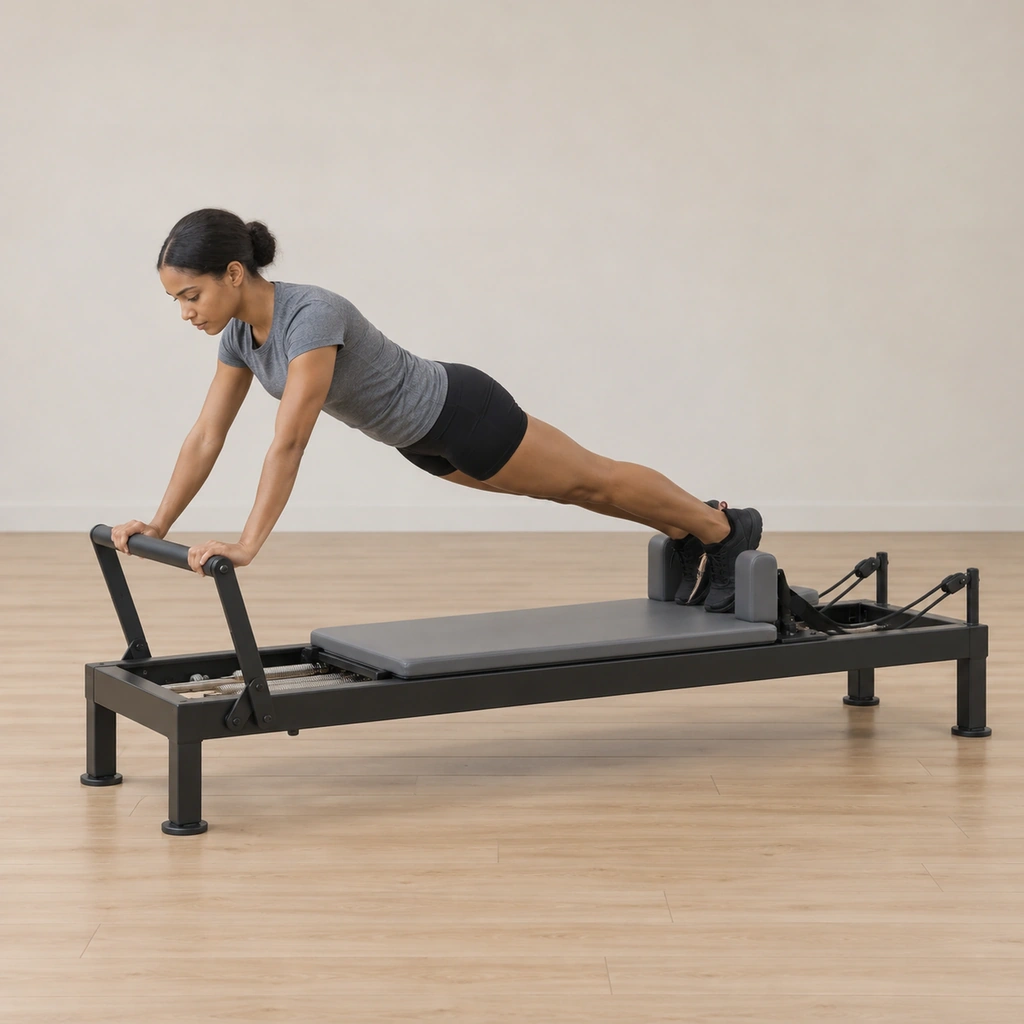 A woman planks on the reformer, heels hooked halfway up the shoulder pads, hands on the foot bar, body in one straight line.