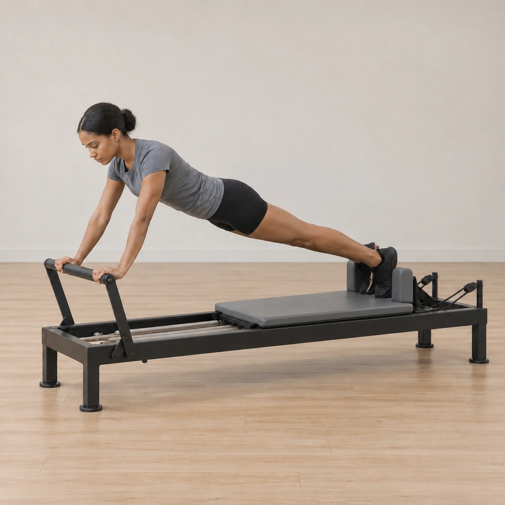 She is pressing the foot bar, the carriage sliding backward under her toes, the plank line unbroken.