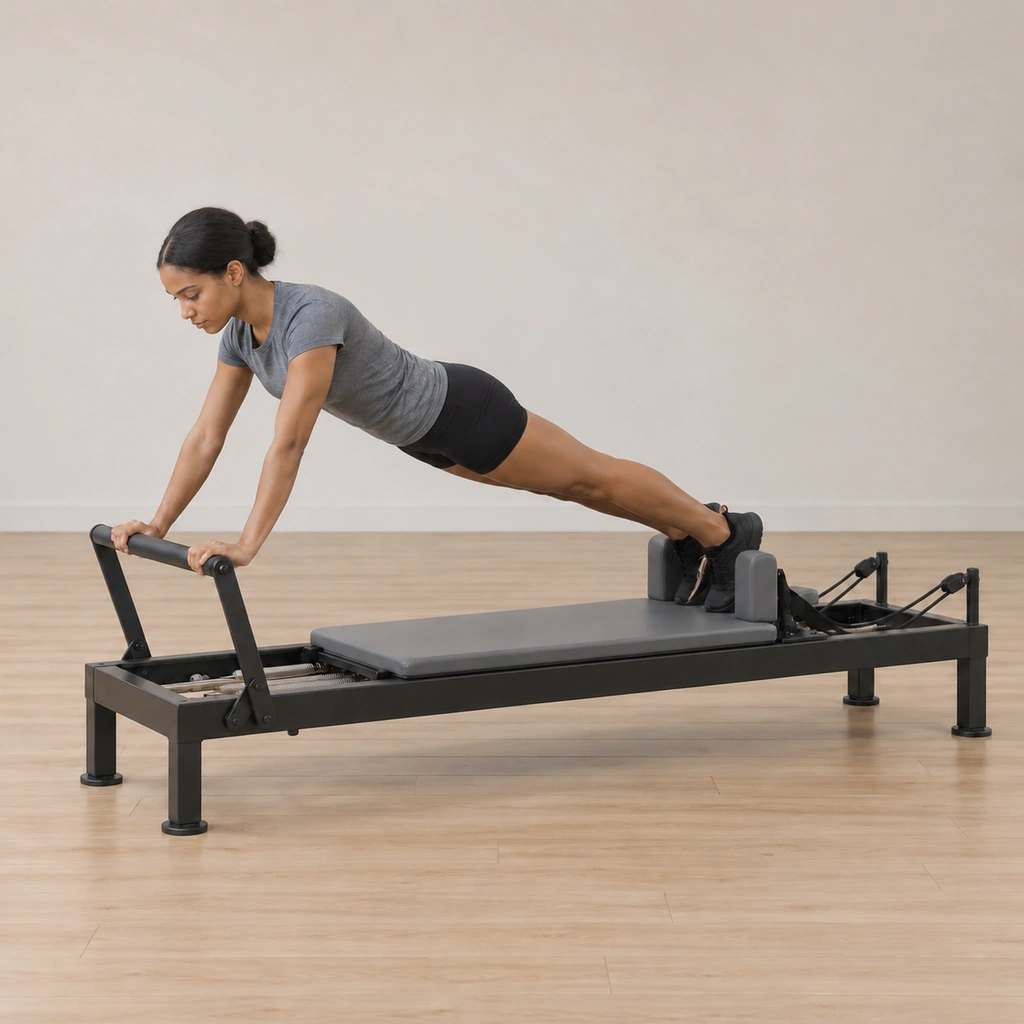 She is lengthening back out to the straight plank line, heels still on the pads, hands on the foot bar.