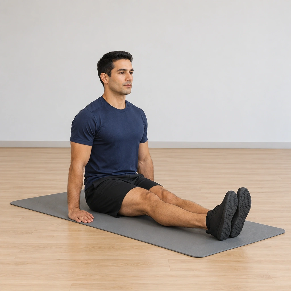 He sits tall on the mat with his legs extended straight ahead and his knees pressed together, hands resting on the floor beside his hips.