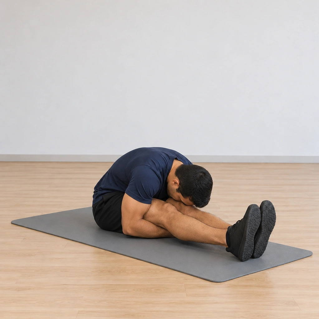 He has drawn his chest down onto his knees, his arms still hugging under the thighs, his back rounded over the legs.
