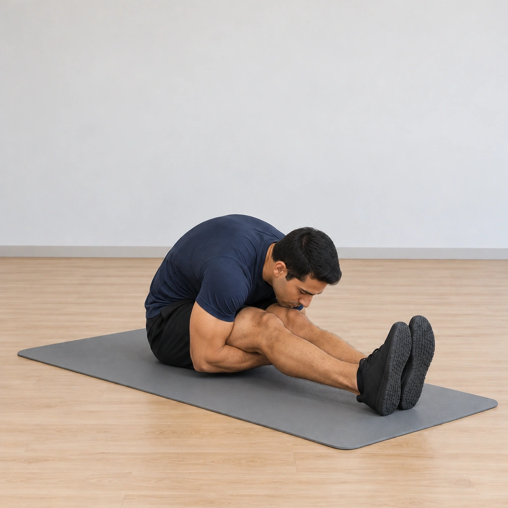 He is pressing his back upward and away from his knees while his arms keep the under-thigh hug, deepening the rounded dome of his middle back.