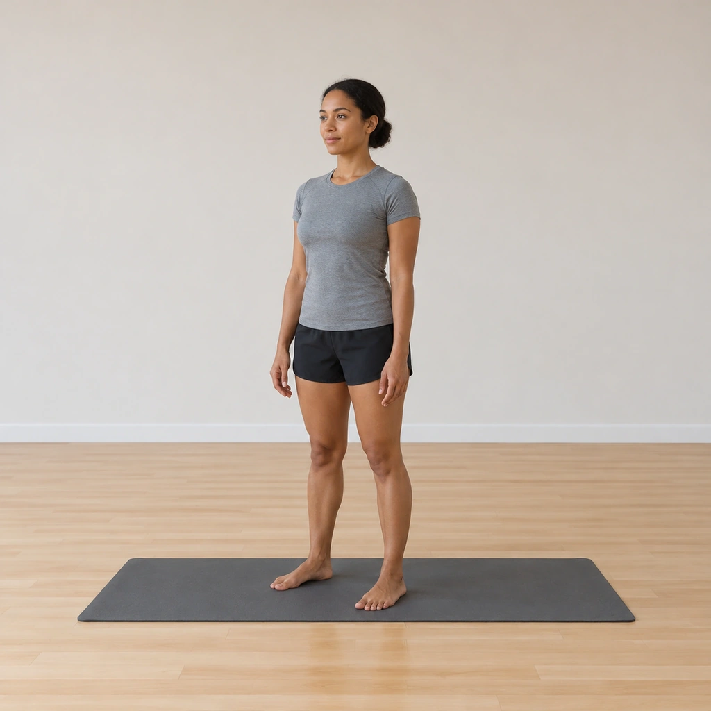 She stands on the mat in the natural stance, the arms hanging easy, the shoulders relaxed, ready to reach.
