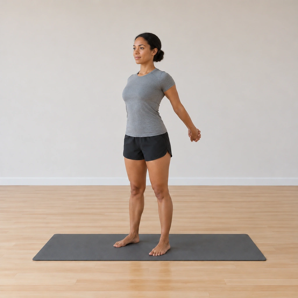 She reaches both arms back behind her, the hands extending toward the rear, the shoulders opening.