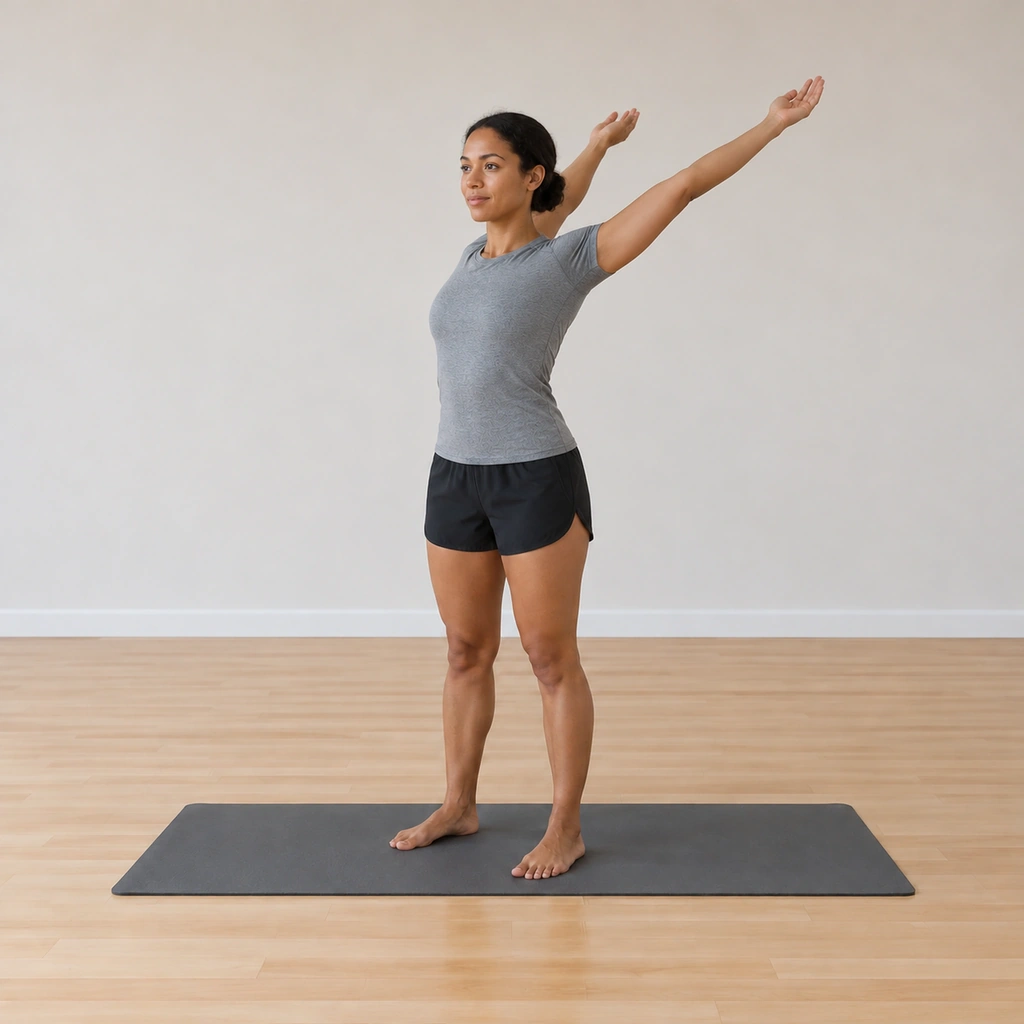 She circles the reaching arms up and back, the hands drawing a wide arc over and behind, the body extending.
