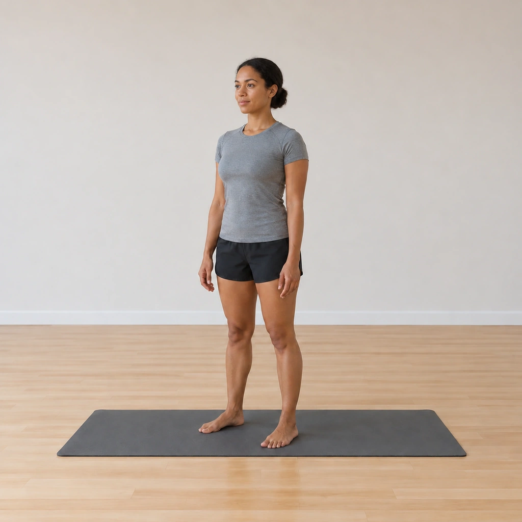 She lowers the arms back to the natural stance, the shoulders settling, the body returning to the easy stance.