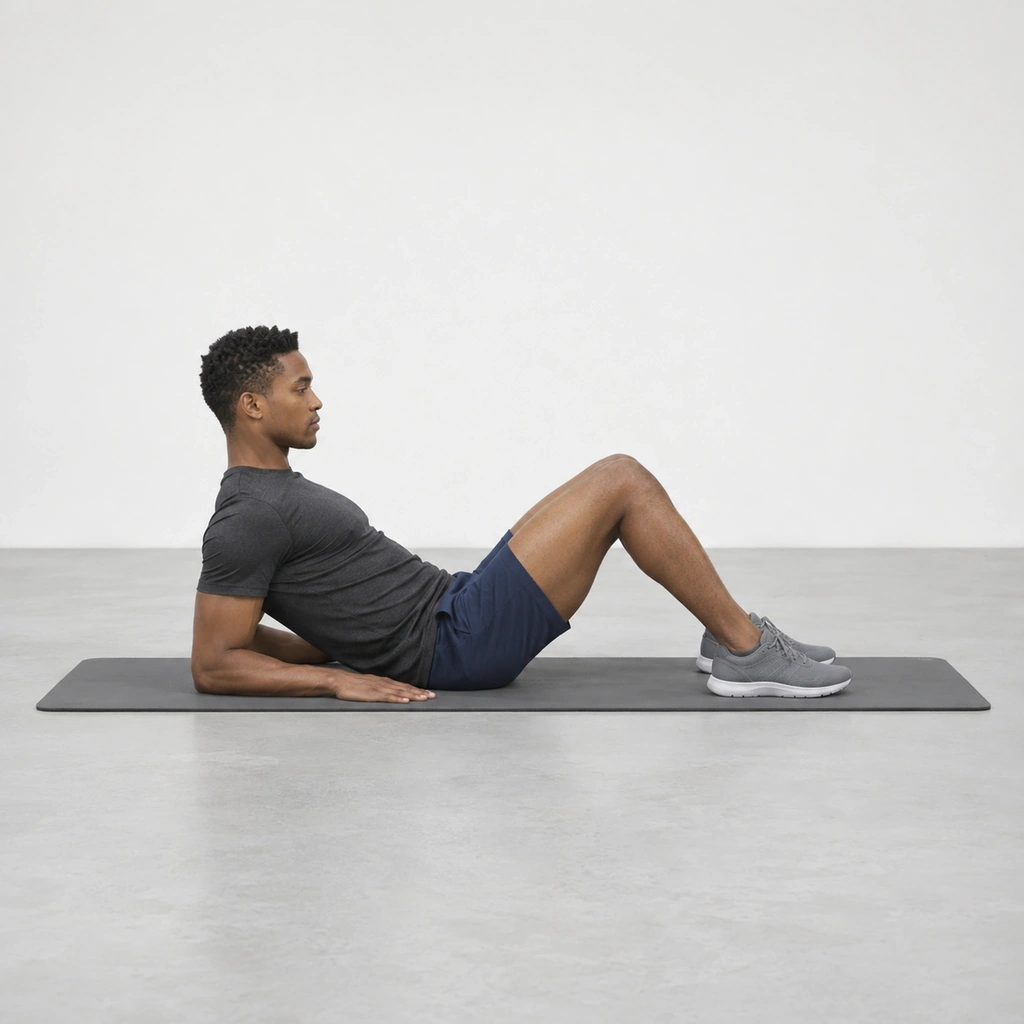 Man seated on a mat leaning back on both forearms with his knees bent and feet flat.