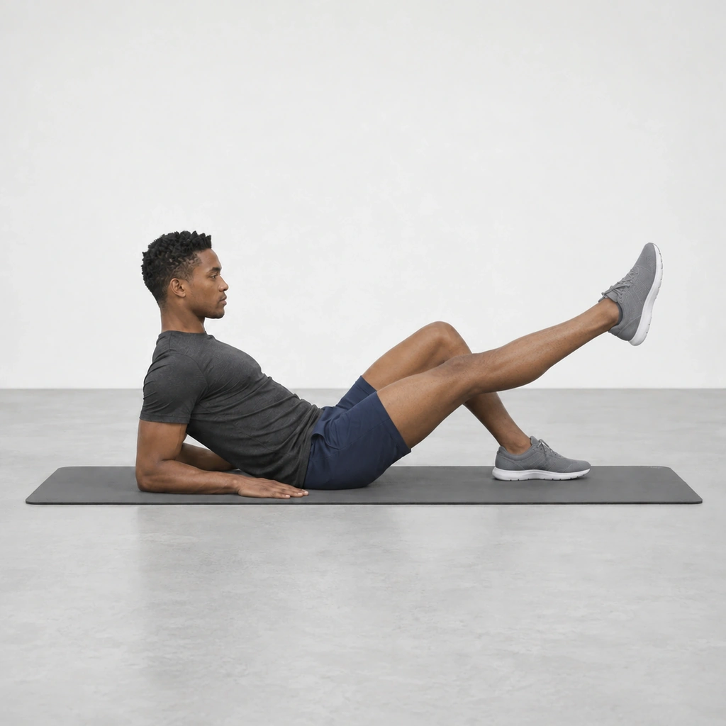 Seated man leaning on his forearms with his right leg straight and raised off the mat.